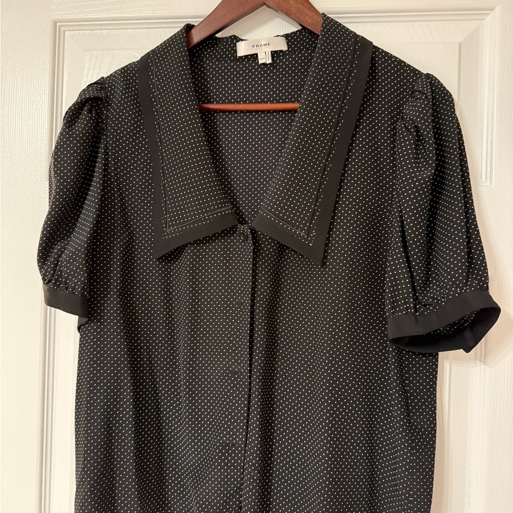 Frame Denim Black Puff Sleeve Blouse with Notched Collar